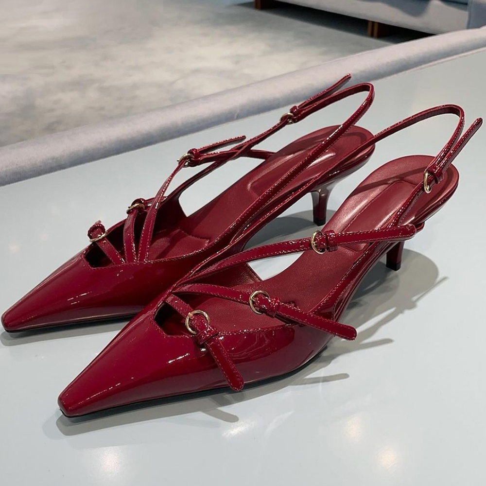 Burgundy Low Heel Women's Patent Leathe Slingback is decorated with black clasp Luxury Designer Dress shoes 3cm Fashion Ankle Strap Kitten H-image-922406391