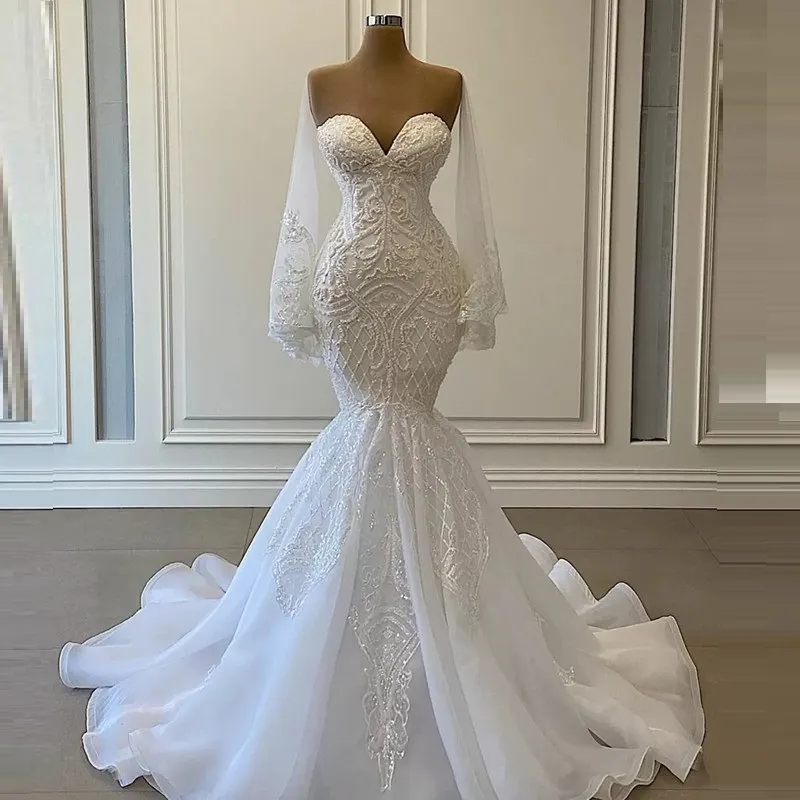 Vintage White Mermaid Wedding Dresses Bridal Gowns Beads Lace Applique Nigerian Arabic Marriage Dress Robe De Mariee-image-762512374
