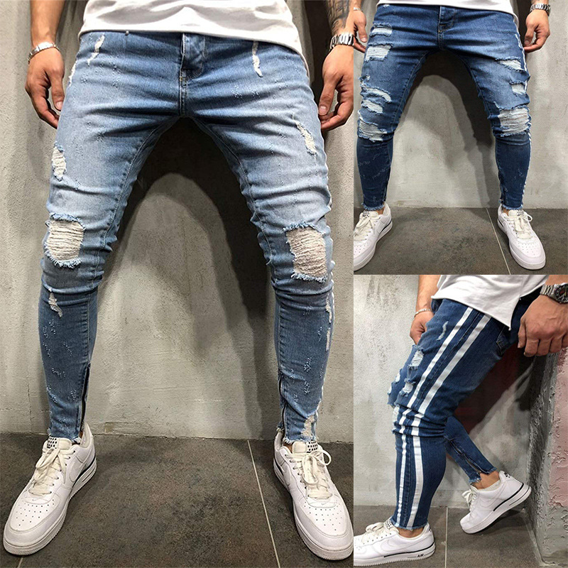 Pantalon Long en Denim déchiré bleu à rayures latérales pantalon de motard délavé en détresse jean Slim Cool pantalon de rue pour hommes