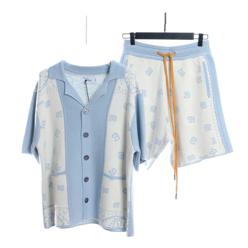 

Designer Clothing short casual Rhude Cashew Flower Knitted White Blue Contrast Set Shorts Short Couples Joggers Sportswear Loose Joggers Sportswear Beach outdoor, White blue short sleeved knit shirt