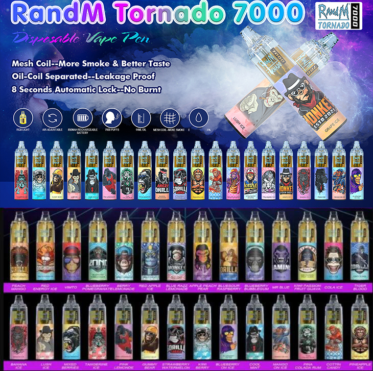 

Original RandM Tornado 7000 Puffs 7K Disposable Vape Pen Electronic Cigarettes 14ml Pod Mesh Coil 6 Glowing Colors Rechargeable Air-adjustable 2% 5% Device 50 Flavors