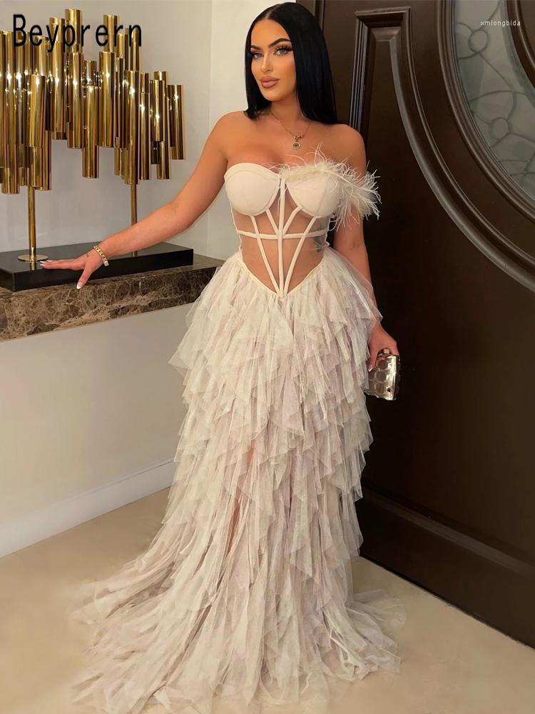 

Casual Dresses Beyprern Beautiful Ruffles Chffion Party Feather Maxi Dress Elegant Sheer Mesh Corset Long Gowns Birthday Outfits, Black