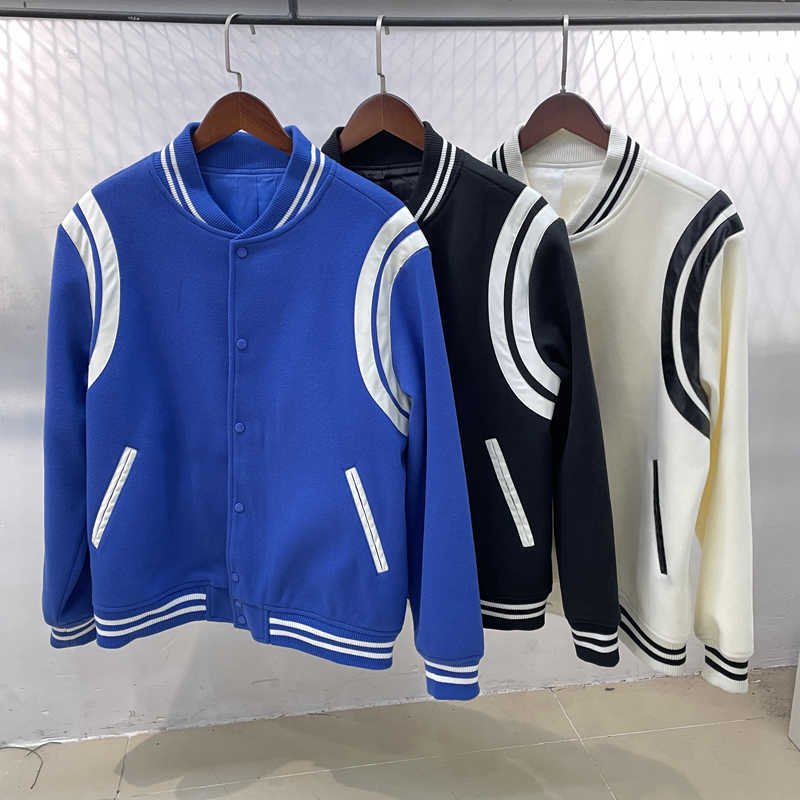 

Designer Clothing Casual Coats Rhude Spring Autumn Thin Double White Stripe Panel Contrast Fleece Panel Leather Jacket Coat Casual High Street Baseball Fashion, Shipping fee