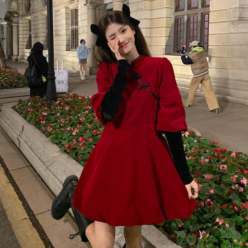 

Casual Dresses Dress Chinese Style Retro Autumn Elegant Chic Button Stitching Sleeves Robe Gentle Temperament Waist Female Wear, Red