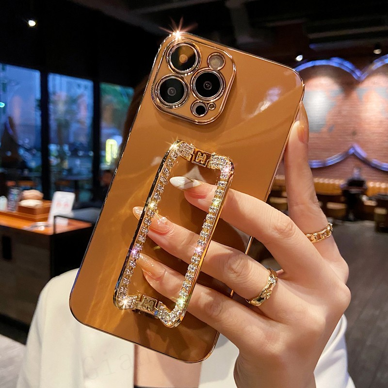 

Bling 3D Crystal Square Holder Gold Plating Phone Case For iphone 14 11 13 12 Pro Max MiNi X XS XR 6 S 7 8 Plus 12Pro SE Cover