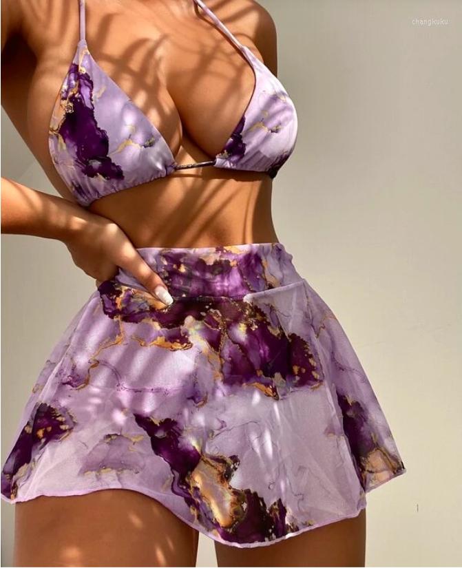 

Women' Swimwear 3 Pieces Print Thong Bikini 2023 Women With Beach Skirt Female Triangle Swimsuit Bathers Bathing Swimming Suit Summer, Green