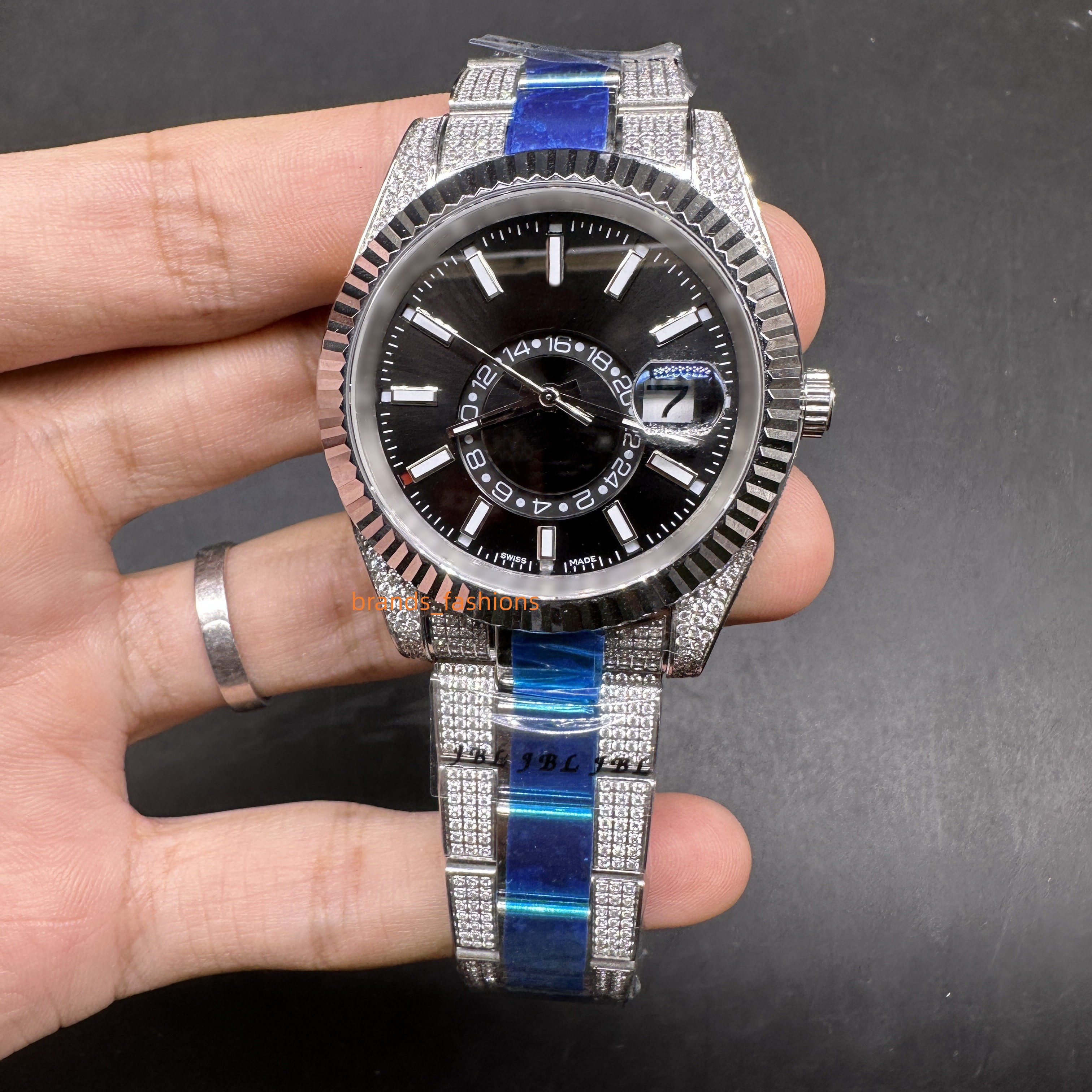 

Men's Automatic Mechanical Watch Top Quality Stainless Steel watch Handmade Diamond Inlaid Middle Strap Silver Fashionable Popular Trend Men's Watch, Black face