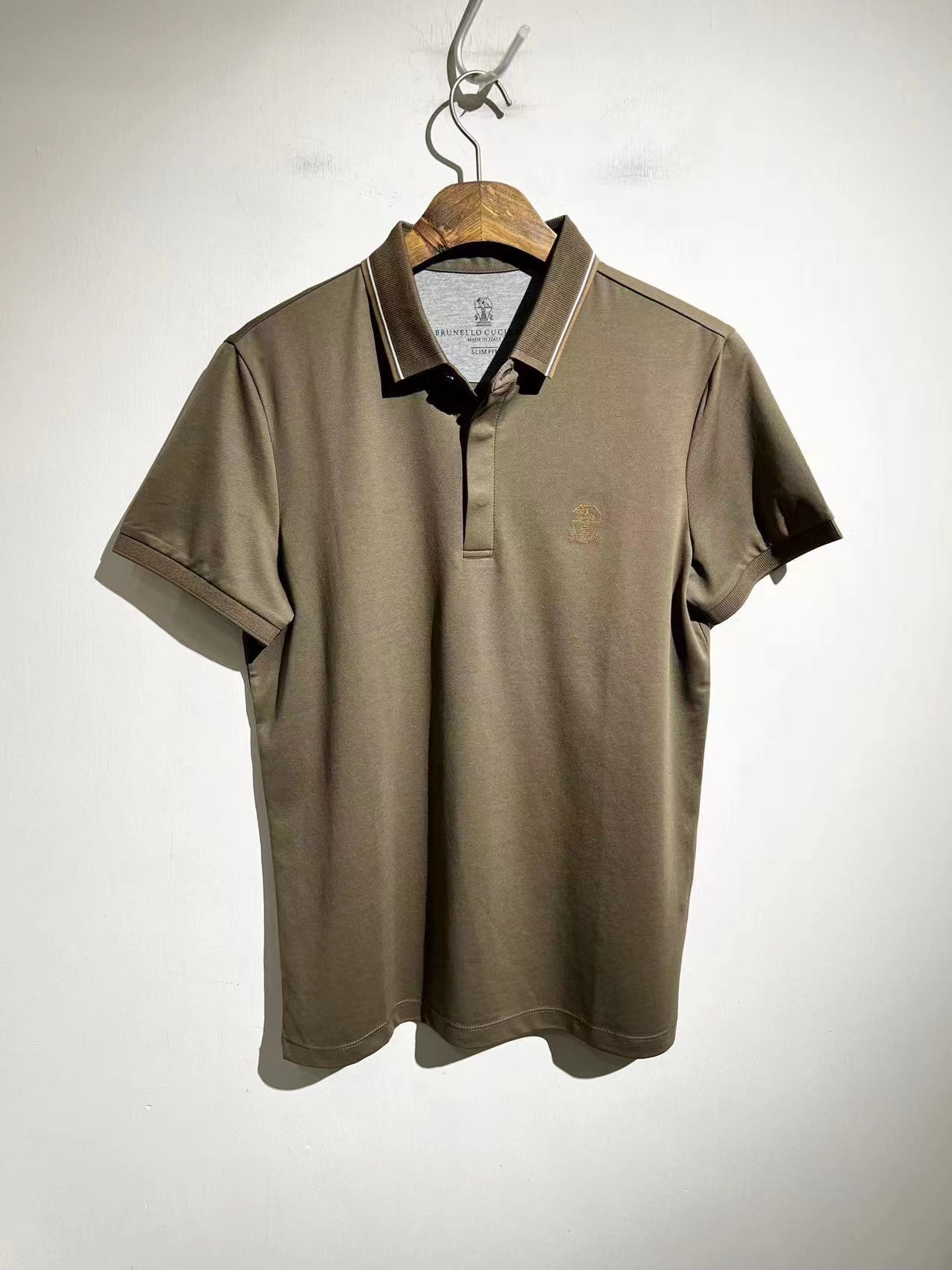 

Mens Polos Shirts Brunello Cucinelli Short Sleeved T-shirt with Striped Lapel In Summer, Khaki