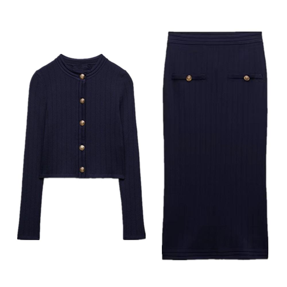 

Dress PB ZA autumn new women's fashion temperament golden breasted knitted jacket + high waist slim midi skirt 8689/105, Sweater
