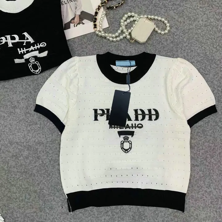 

Womens clothes designer top t shirt Women tshirts Tops man tees Round Hollow Out Pullover Short Sleeve knitting T-shirt Letter Print Fashion Women' Clothing, White