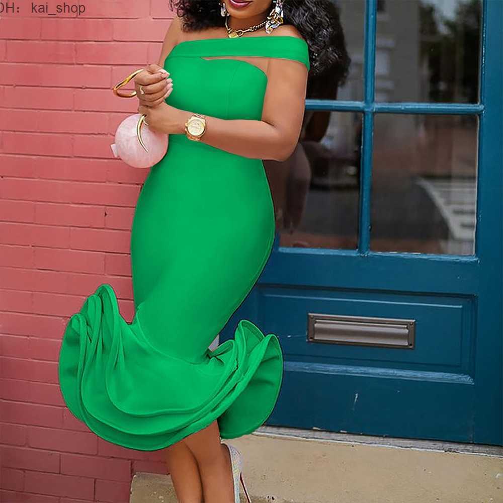 

Street Style Dresses Women' Tight Fitting Flared with Medium Length Sexy Open Back Mermaid Shoulder Evening Party 11, Green