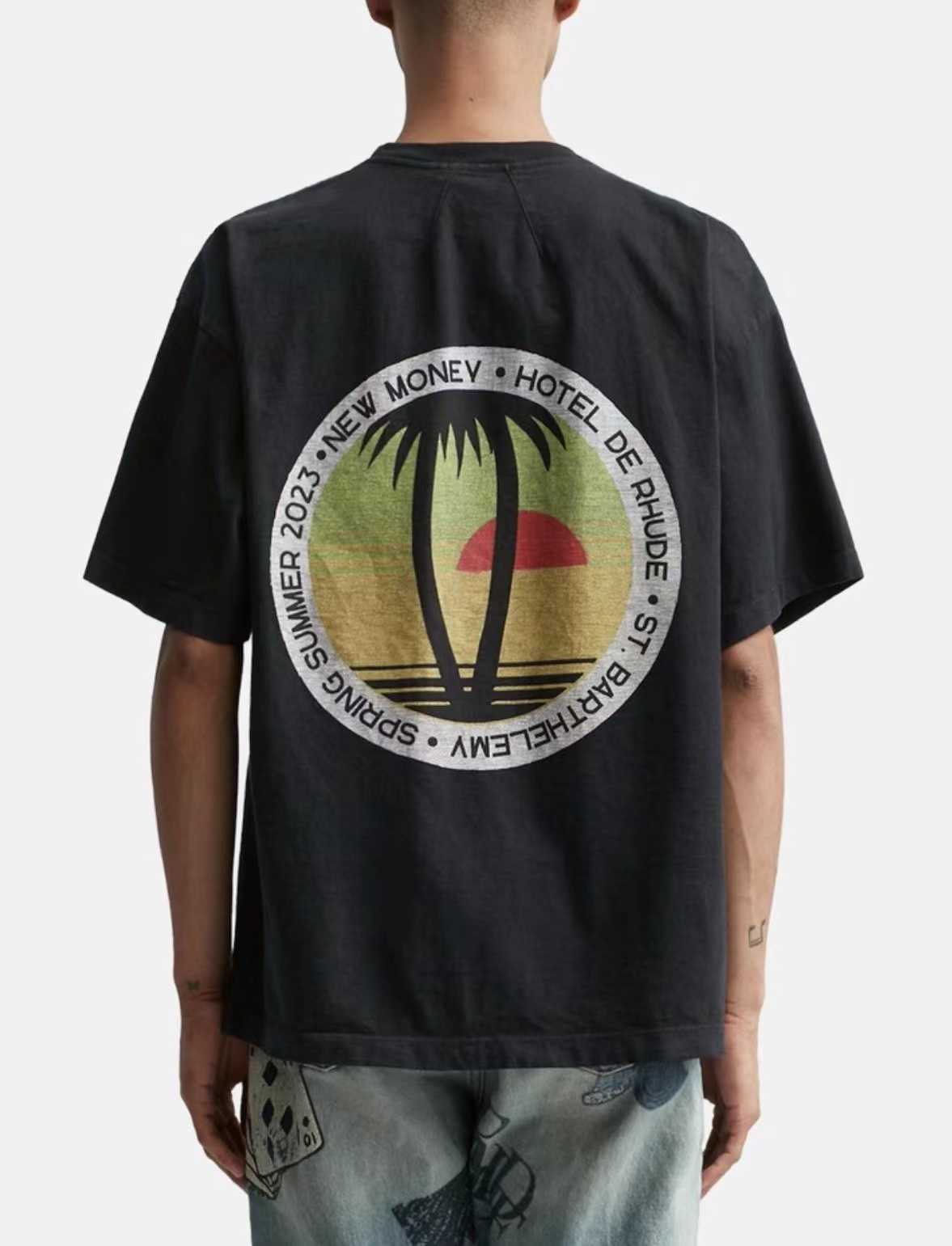 

Designer Fashion Clothing Tees TShirts Rhude Summer Coconut Tree Sunset Print Short Sleeve T-shirt Loose Cotton Trendy T-shirt Men's Summer Tops Streetwear Hip hop, Black