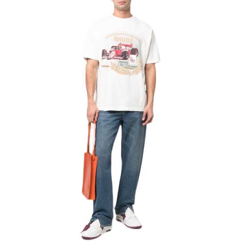 

Designer Fashion Clothing Tees TShirts 2022 Summer New Rhude High Street Wheat Ear Racing Letter Print Loose Casual Short Sleeve T-shirt Men Tops Streetwear Hip hop, White