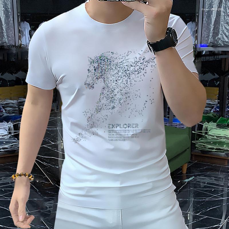 

Men's T Shirts Luxury Animal Horse Pattern Sequin Printing Heavy Bead Drill Personality Trend European Short Sleeve T-shirt Round Neck, Black