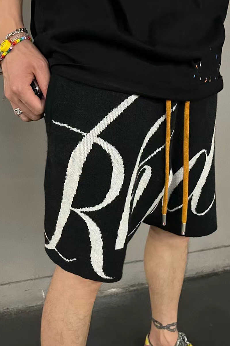 

Designer Clothing short casual Rhude Letter Jacquard Drawstring Wool High Street Elastic Drawstring Trend Breathable Capri Shorts Men's Summer Running fitness, Black