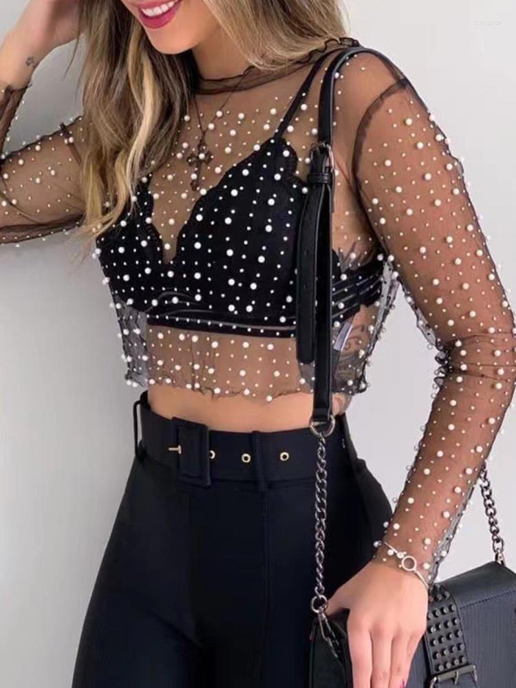 

Women's T Shirts Sexy Women's See-through Crystal Rhinestone Sequins Glitter Lace Mesh Turtleneck Long Sleeve Blouse, Black