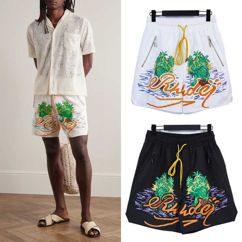 

Designer Clothing short casual American High Street Trend Brand Rhude Summer Fashion Casual Coconut Tree Print Loose Beach Nylon Split Shorts Men Running fitness, Black