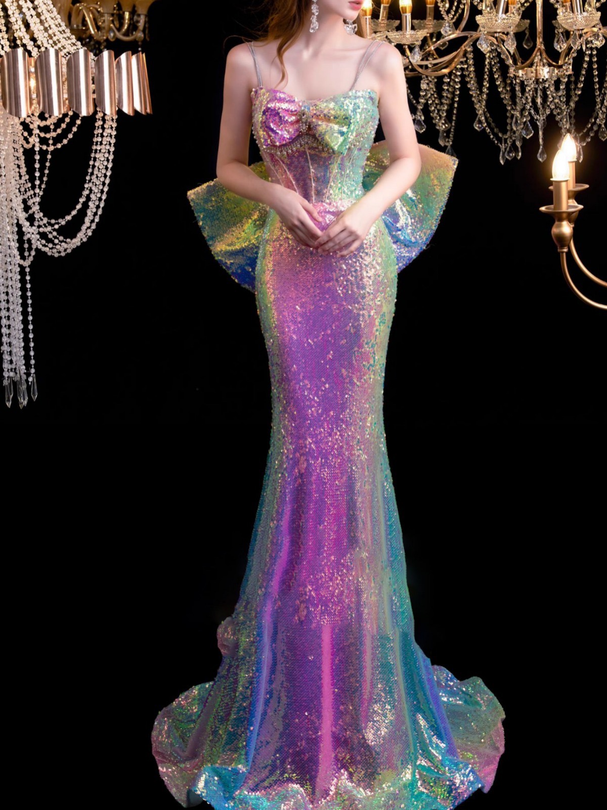 shiny gown mermaid Evening Dresses Sleeveless V Neck Hollow 3D Lace Butterfly Appliques Sequins pearl Sparkly sweep train Celebrity Plus Size Pro
