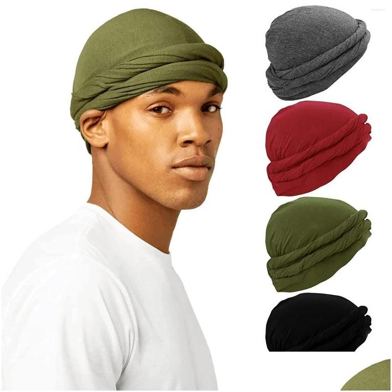 

Berets Halo Turban Durag Vintage Twist Head Wraps Scarf For Men Elastic Modal Satin Lined Caps Drop Delivery Fashion Accessories Hat Dhuib, Tan