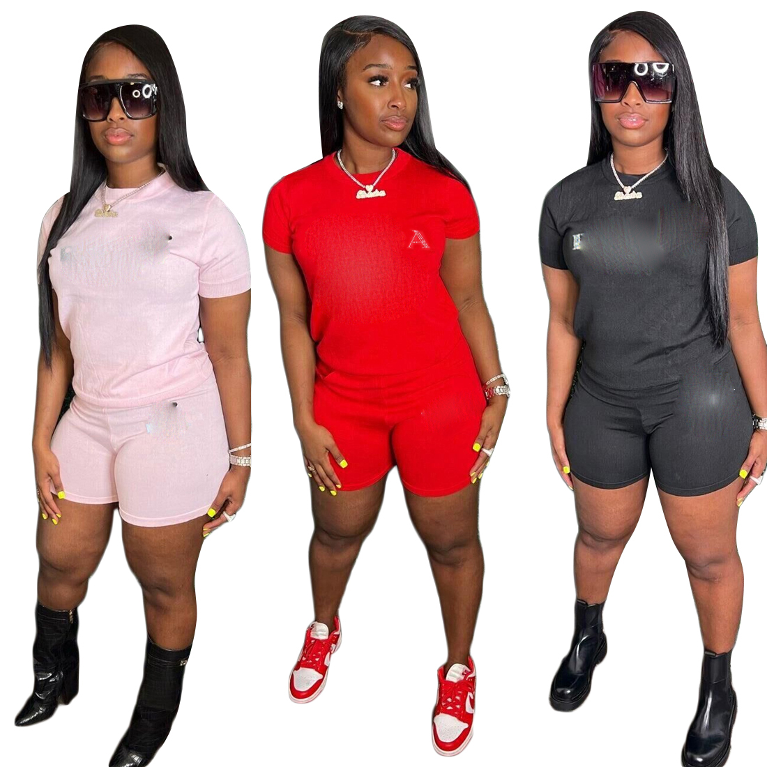 

Summer Fashion P Letter Print Tracksuits For Women Summer Short Sleeve Tops And Casual Shorts Two Piece Sets, Black