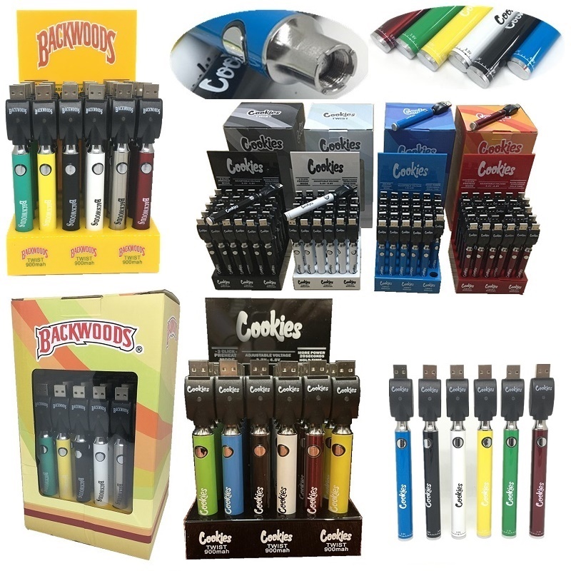 

No Tariff Cookies law backwood Twist Cigarette Battery Display box 900mAh 30pcs each pack Bottom variable Preheat VV Vape Pen Usb Charger Kit