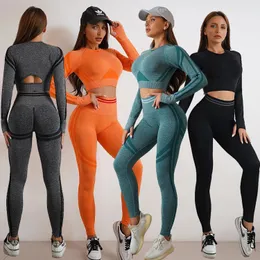 Yoga Outfit Seamless Sets Sports Fitnes High Waist Hip Raise Pants LongSleeved Backless Suits Workout Clothes Gym Shorts Set for Women 231120