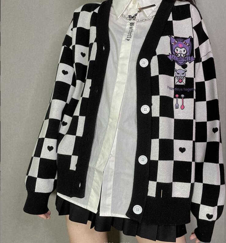 

Ins cute Young Girl Clothing Cardigan long sleeve Sweaters plaid purple, Mix