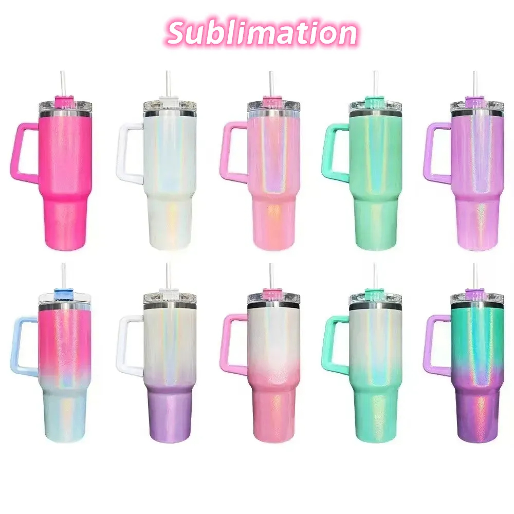 

40oz Sublimation Gradient Glitter Tumblers with handle Stainless Steel Water Bottle Portable Outdoor Sports Cup Insulation Travel Vacuum Flask Bottles, Mixed color