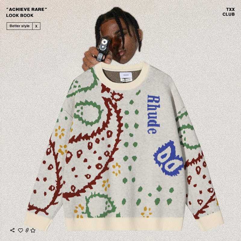 

Designer Clothing Mens Hoodies Rhude Cashew Flower Jacquard Knitwear American High Street Couple Loose Relaxed Round Neck Sweater Trend Casual Coats Outerwear, Shipping fee