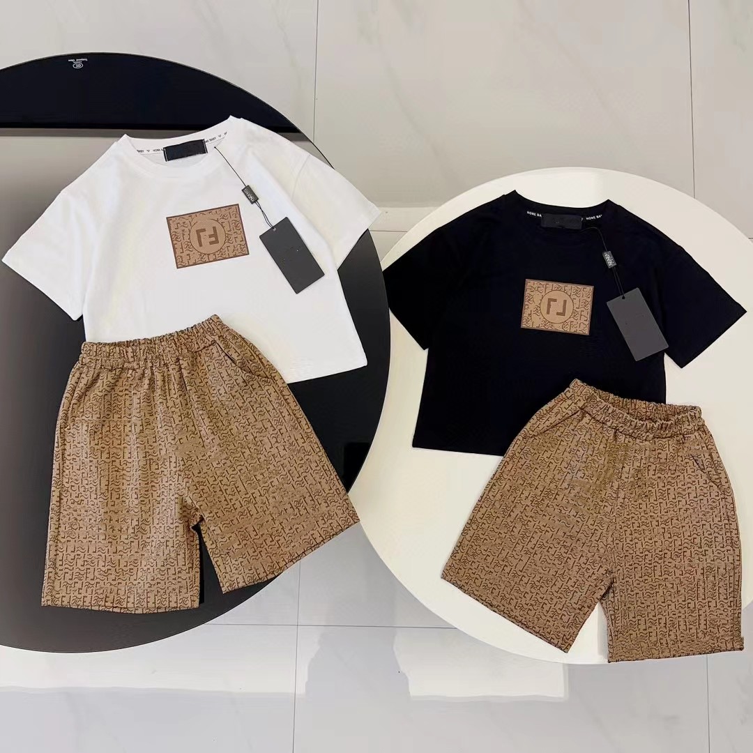 

baby designer sets kid clothe summer two piece set kids t shirt boys girls short clothe luxury brand F with letters fasion toddler t black and white