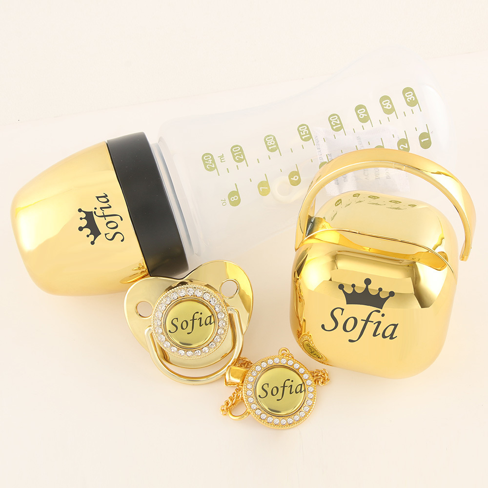 

Baby Bottles# Luxury Any Name Customized Baby Feeding Set Gold Rose Gold Silver Milk Bottle Pacifier Bling Pacifier Case Unique Birthday Gift 230421