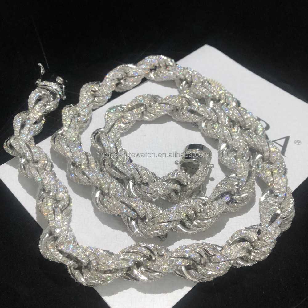 Full Iced Out Hip Hop Jewelry Moissanite Rope Chain Necklace Sterling Silver 7mm 8mm 9mm 11mm 12mm Twisted Diamond Rope Chain-image-860783080