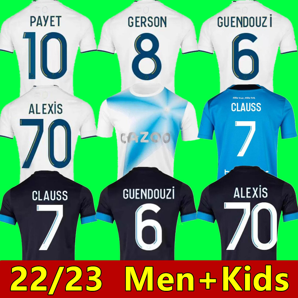 

22 23 soccer jerseys 2023 MarseilleS maillot foot CUISANCE GUENDOUZI ALEXIS GERSON PAYET CLAUSS football shirts men kids VERETOUT Under NUNO HARIT L SUAREZ, 22 23 home aldult sponsor u