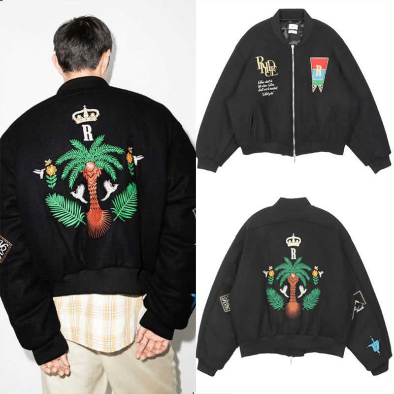 

Designer Clothing Casual Coats Rhude Embroidered Floral Letter Woolen Jacket Jacket High Street Men' Women' Loose Zippered Baseball Jacket Outerwear windbreaker, Shipping fee