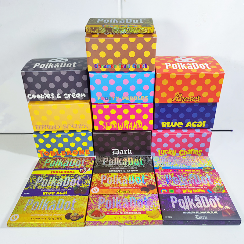 

polkadot chocolate bar packaging boxes 12 kinds dark pomegranate orunch magic mushroom polka dot chocolate bars package supply milk lucky charms acai shroom bars