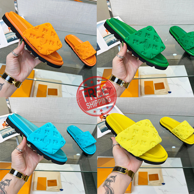 

Designers Luxury Pool Pillow Mules Women Sandals Sunset Flat Comfort Mules Padded Front Strap Slippers Genuine leather Fashionable Easy-to-wear Style Slides 36-45, Color 10