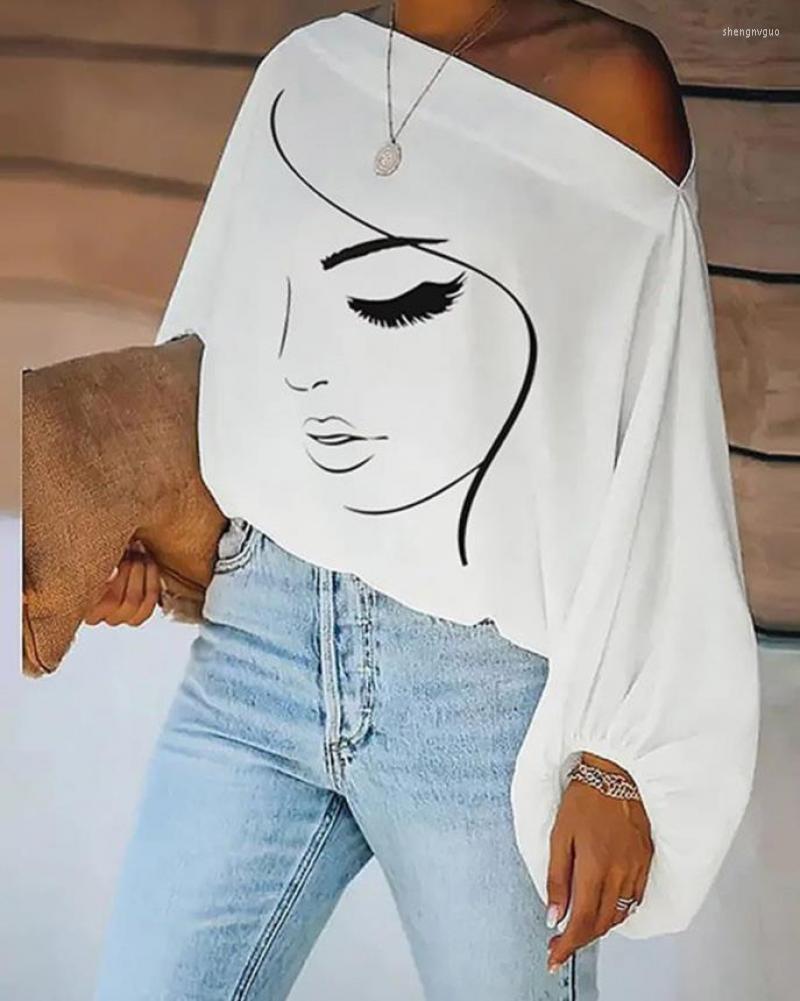 

Women' T Shirts Woman Blouses 2023 Summer Casual Abstract Figure Print Lantern Sleeve Top Elegant Long Shirt Loose Daily Streetwear