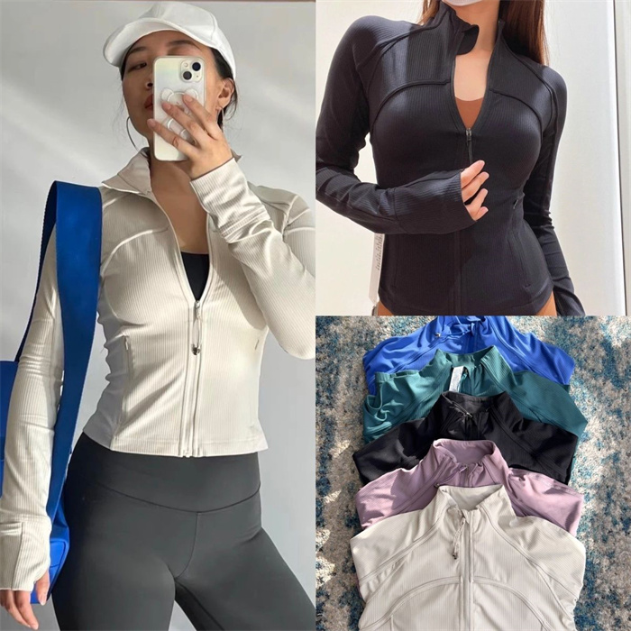 

LL Women Ribber Zipper Jackets Yoga Wear Long Sleeve Jacket Sports Top Casual Outfit 5 Colors, White