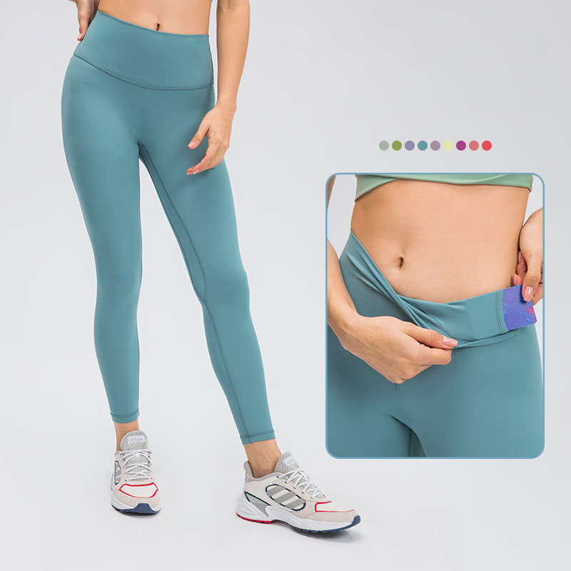 

L037B Solid Color Yoga Pants Have T-line High-Rise Tights With Waistband Pocket Leggings Naked Feeling Sweatpants Women Trousers, Black