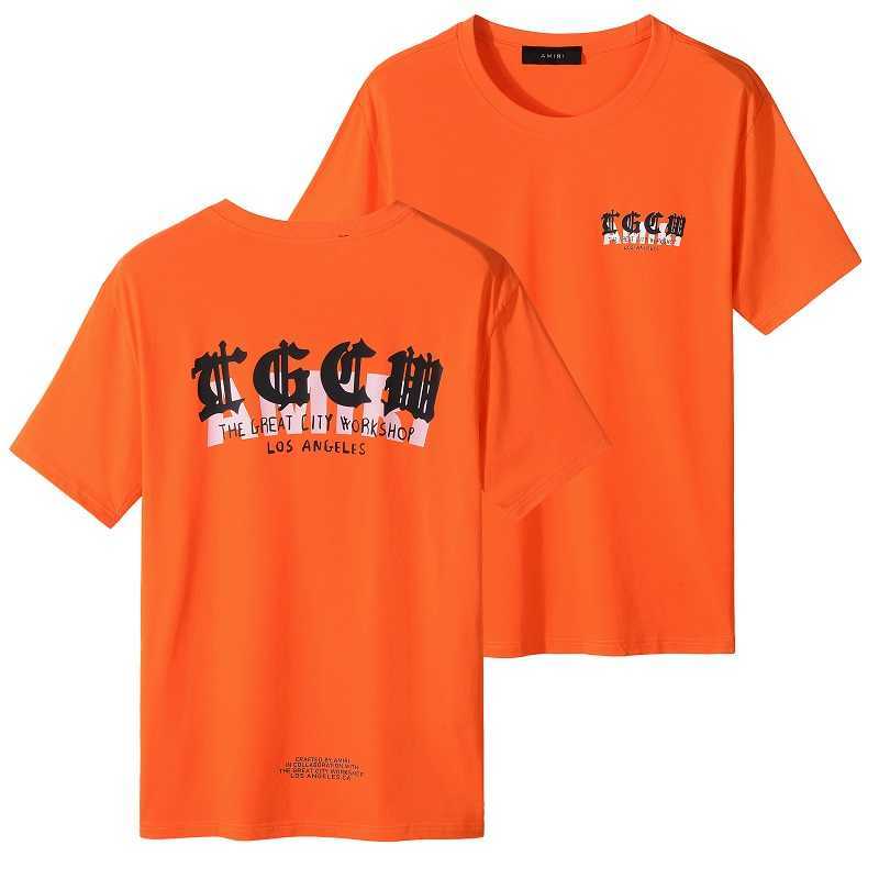 

Designer Fashion Clothing Tees Tshirts Amiiri Summer Fashion New High Street Fashion Sign Slogan Letter Print Cool Orange Woven Short Sleeve T-shirt, Orange-red