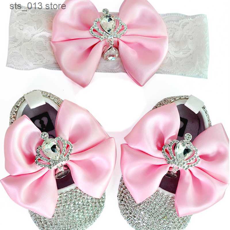 

First Walkers Dollbling Luxury Rhinestones Baby Girl Shoes First Walker Headband Set Sparkle Bling Crystals Princess Shoes Baby Shower Gift SH T230424, Pink01 uk size-2