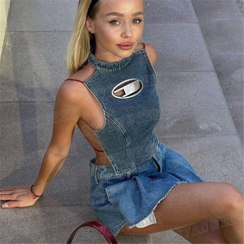 

Sexy Backless Denim Tank Top For Women Cropped Halter Strap Vest Party Nightclub Girls Tanks Tops, Blue