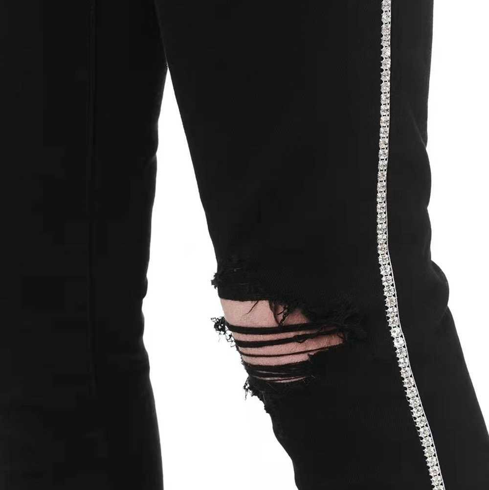 

Designer Clothing Fashion Denim Pants Amiiri New High Street Trend Brand Black Rivet Edge Drill Hole Stretch Slim Fit Small Foot Jeans Men Motocycle Biker Skinny, As shown in figure