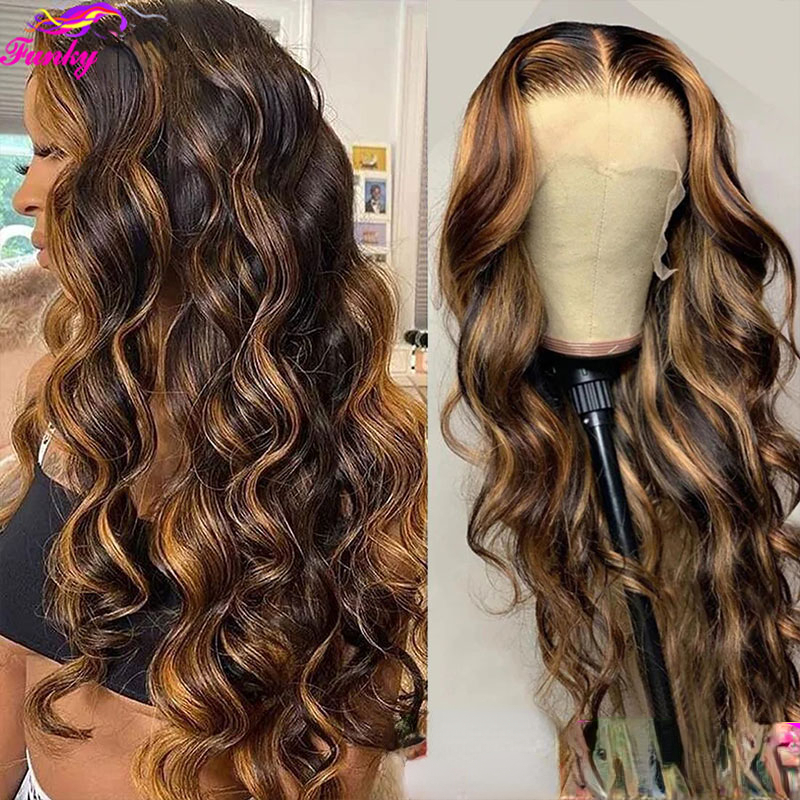 4/27 Highlight Blonde Body Wave Wig Human Hair Lace Wigs Brazilian Wavy Transparent Lace Frontal Wig Black /red /White Wig PrePlucked for Women-image-922800730