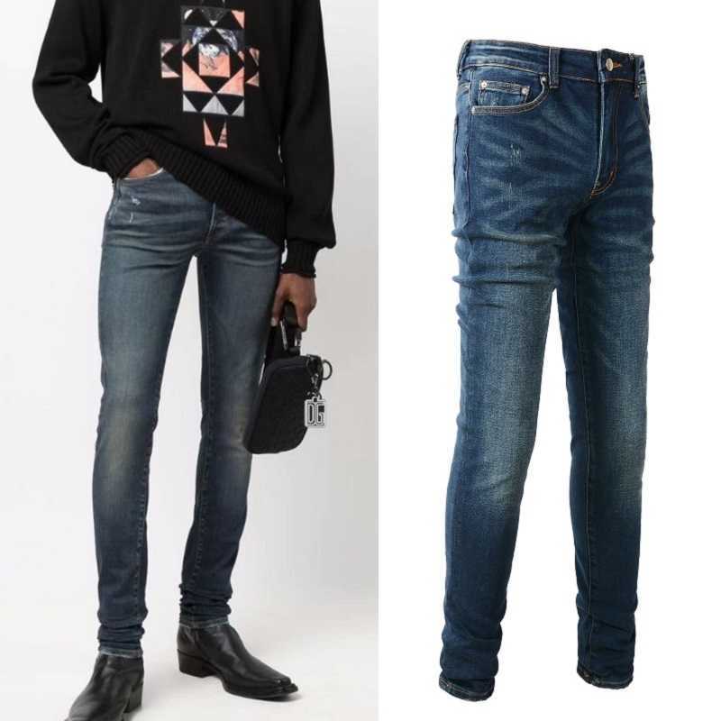 

Designer Clothing Fashion Denim Pants Amiiri 2023 New High Street Trend Brand Washed Worn Dark Stretch Slim Fit Jeans Men's Pants Motocycle Biker Skinny, As shown in figure