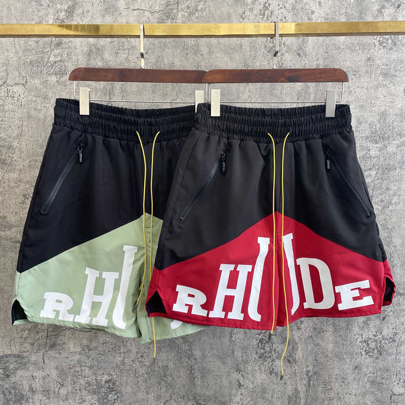 

Designer Clothing Rhude Letter Trend Brand Two-color Splicing Color Matching Shorts Five Point Pants Men's Style High Street Leisure Couples Joggers Sportswear, Black red