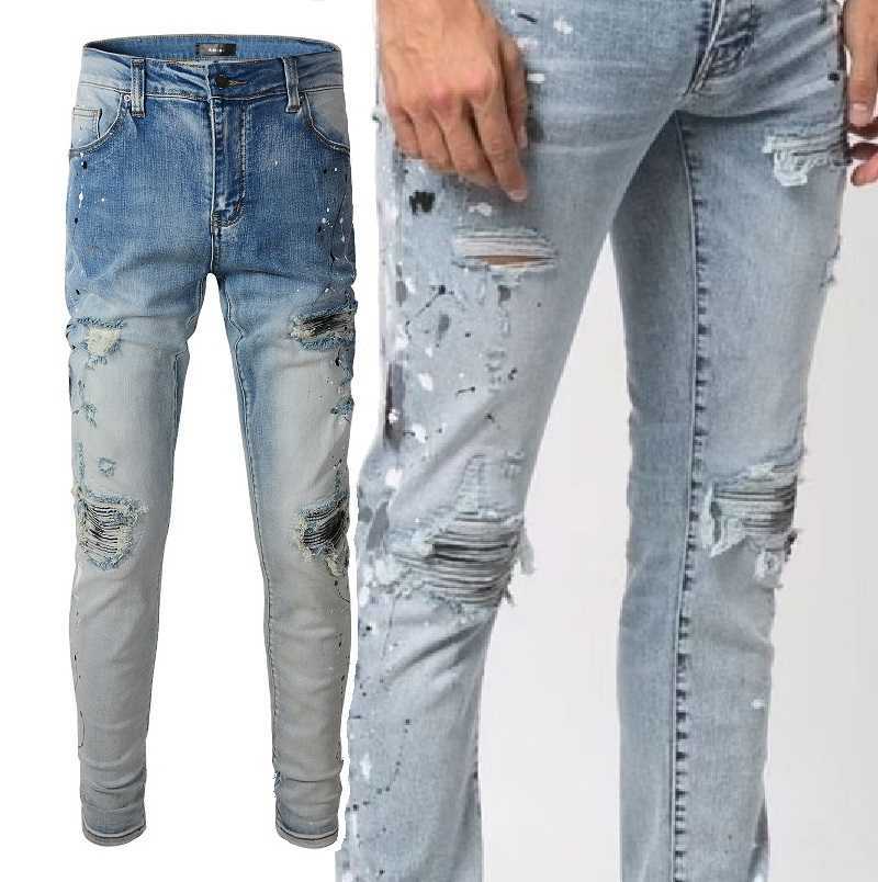 

Designer Clothing Fashion Denim Pants Amiiri New High Street Trend Brand Light Paint Speckled Ink Old Wash Hole Patch Elastic Slim Fit Small Foot Jeans Men, As shown in figure