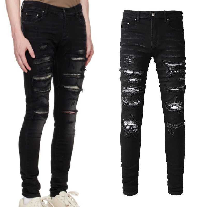 

Designer Clothing Fashion Denim Pants Amiiri 2023 New Trend Brand Combination Leather Grey White Dyed Patch with Broken Holes Elastic Slim Fit Black Jeans Men