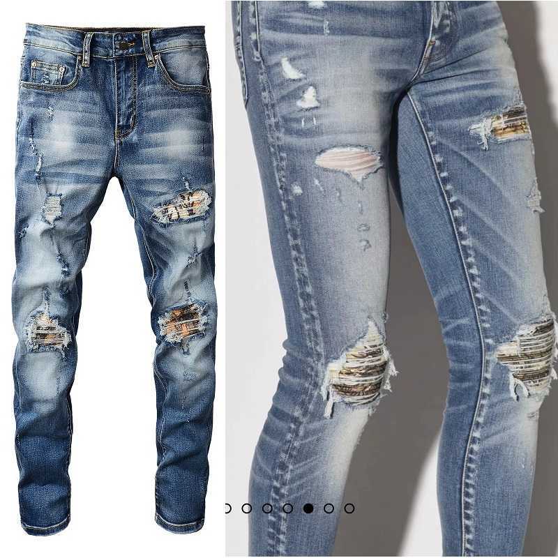 

Designer Clothing Fashion Denim Pants Amiiri New Trend Brand Broken Hole Dusk Coconut Tree Print Pleated Patch Elastic Slim Fit Wash Blue Jeans Men Motocycle Rock, As shown in figure