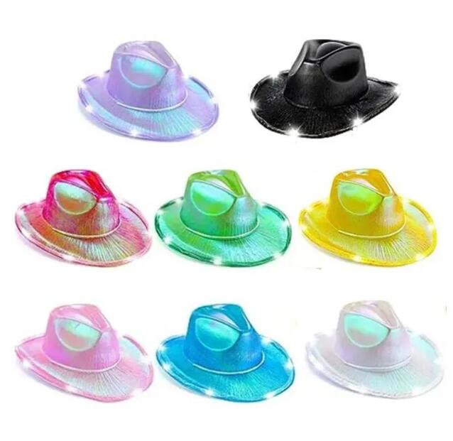 Party Hats Led White Light Up Cowboy Neon Cowgirl Hat Holographic Rave Fluorescent With Adjustable Windproof Cord For Halloween Costum GG1122-image-772262121